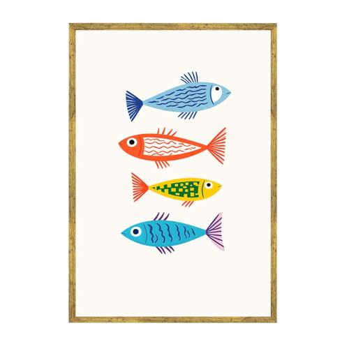 Framed Colorful Fish Illustration Canvas Print Modern Minimalist Poster Wall Art Funny Art Print for Living Room Home Decor Pictures Wall Decor (12L x16W,Gold Framed) - size: 12L"x16W"