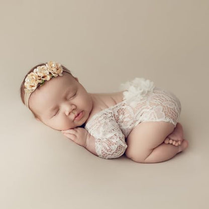 Newborn Lace Romper, 2 PCS Baby Girl Photography Props, Newborn Girl Photography Outfits with Flower Headband for Infants - color: White