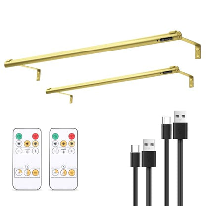 Battery Operated Wireless Picture Light，Rechargeable/Plugged in 31.5inch Painting Display Light,Remote Control Wall Lights with Three Modes and Timing for Art Frame (2 Gold) - color: 2 Gold