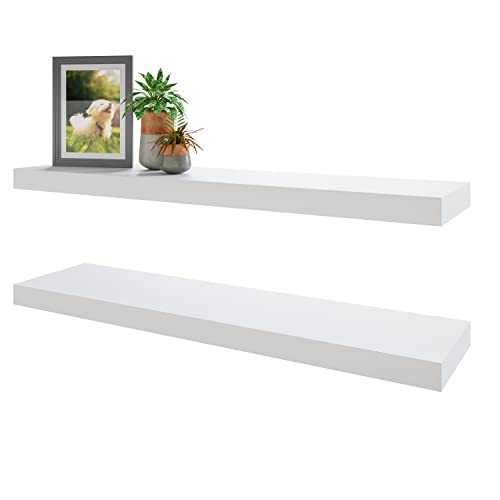 BAMEOS Floating Shelves, 35 in W x 7in D White Wall Mounted Wooden Shelves with Invisible Brackets Set of 2, Hanging Wall Shelves Decoration for Bedroom and Kitchen - color: White, size: 35x7 2Pcs