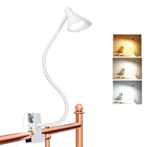 LiFMIRA Desk Lamp Clip on Light USB Reading Light 3 Color Modes 10 Dimmable Brightness Eye Care Clamp Desk Lamp Flexible Gooseneck Book Light for Reading in Bed and Desk - color: White