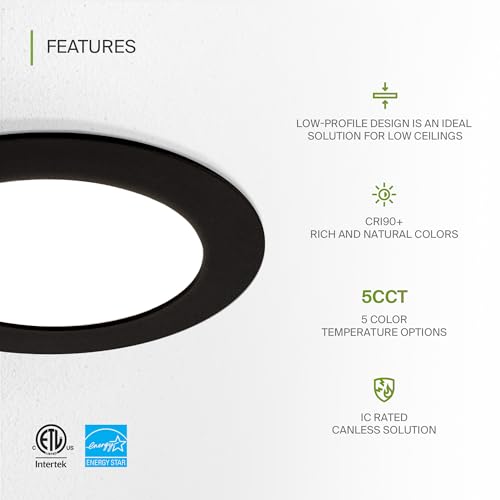 ASD 6 Pack LED Recessed Lighting 4 Inch 12W, 5 CCT 2700K-5000K CRI90+, IC Rated Ultra Thin Dimmable Ceiling Lights with J Box, Canless Wafer Downlight, Round Slim Panel Light, Energy Star ETL, Black - color: Black, size: 4 Inch 6 Pack
