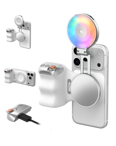 TELESIN Fun Shot Magnetic Phone Camera Grip + 4 in 1 Magnetic RGB Selfie Light Bundle Kit Compatible with iPhone Magsafe & Android, Creator Kit for Selfies/Photography/TikTok/Zoom Calls/Video - color: White Grip + RGB Light