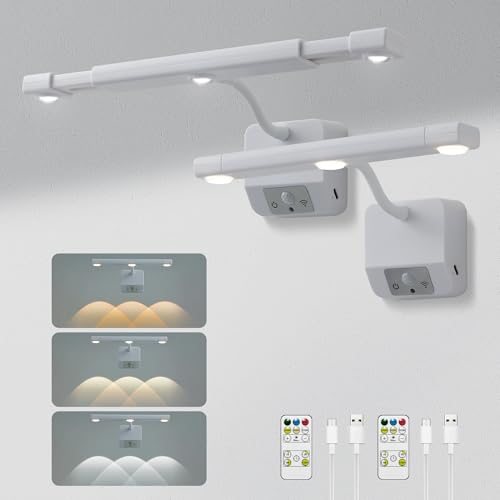 2 Pack Motion Sensor Picture Light with Remote & Extendable Bar, 600 Lumens Dimmable LED Wall Light, 5000mAh Rechargeable Battery Operated for Artwork, Photos, Hallway, Bedroom,White - color: White - 2 Pack