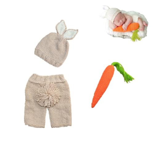 Newborn Easter Outfit Boy Photography Props Baby Bunny Handmade Crochet Rabbit Set Knit Hat Diaper Carrot Set for Kids - color: Beige-l