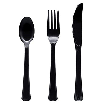Party Essentials Extra Heavy Duty Hard Plastic Cutlery Combo Pack and Full Size Knives/Forks/Spoons, Black, 8 Place Setting-Count - color: Black, size: 24-Pieces/ 8-Place Settings