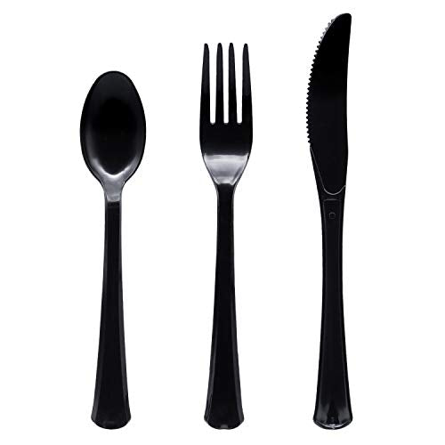 Party Essentials Extra Heavy Duty Hard Plastic Cutlery Combo Pack and Full Size Knives/Forks/Spoons, Black, 8 Place Setting-Count - color: Black, size: 24-Pieces/ 8-Place Settings