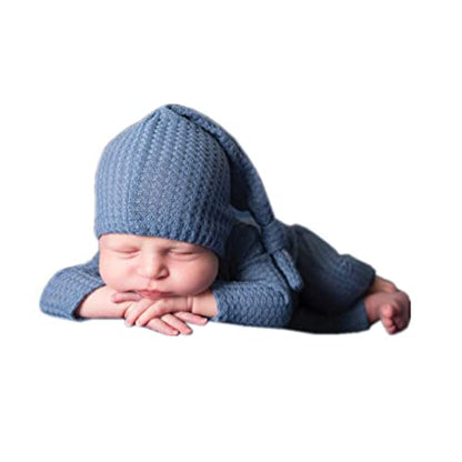 Coberllus Newborn Photography Props Outfit Fabric Sleepy Knot Hat & Footed Romper Bodysuit for Baby Boys Girls Photoshoot - color: Blue