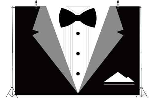 BELECO 8x6ft Fabric Gentleman Tuxedo Backdrop Black and White Bow Tie Suit Background Luxury Birthday Dinner Party Decor Banner Boy Men Father Bridegroom Photoshoot Studio Booth Props - size: 8x6FT