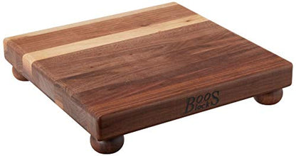John Boos B Series Square Wooden Walnut Cutting Board 12”x12” – 1.5” Thick, 5-lb Non-Reversible Butcher Block with Wood Bun Feet & Edge-Grain - color: Walnut with Wood Feet, size: 12"L x 12"W