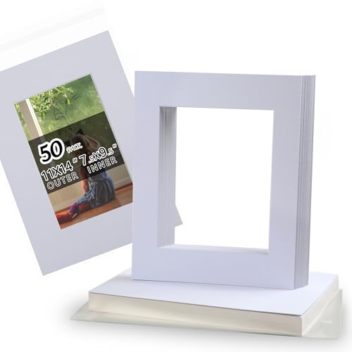 Acid Free 50 Pack 11x14 Pre-Cut Mat Board Show Kit for 8x10 Photos, Prints or Artworks, 50 Core Bevel Cut Matts and 50 Backing Boards and 50 Crystal Plastic Bags, White - size: 11x14-50 Pack