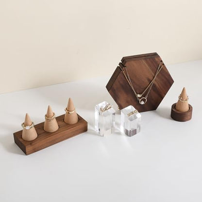 Wooden ring organizer holder for jewelry, Stable ring display stand for boutique store, walnut base with white ring cones for jewelry selling【Ring holder-Cone 3】 - style: Three Cone