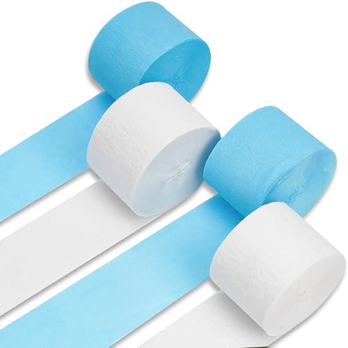 PartyWoo White and Blue Crepe Paper Streamers 4pcs 328ft Pack of Light Blue Pearl White Crepe Paper Streamers for Birthday Gender Reveal Baby Shower Graduation Pool Under The Sea Party Decorations - color: Blue White-9623