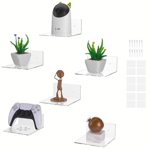 Acrylic Wall Shelves,Clear 6 inch Floating Shelves for Display,Echo,Cameras,Speaker,Router Wall Mounted Transparent Small Invisible Shelves with Adhesive Bedroom Bathroom Living Room - color: Clear, size: 6 Inch -6Pack