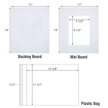 Acid Free 50 Pack 11x14 Pre-Cut Mat Board Show Kit for 8x10 Photos, Prints or Artworks, 50 Core Bevel Cut Matts and 50 Backing Boards and 50 Crystal Plastic Bags, White - size: 11x14-50 Pack