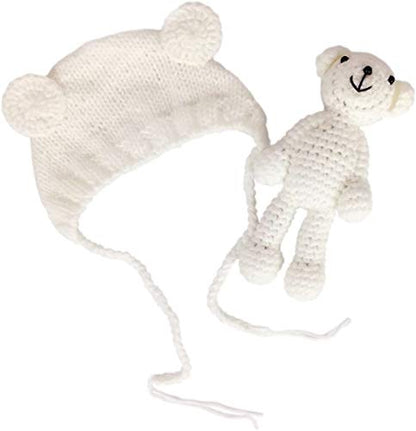 Newborn Baby Photo Shoot Props Boys Girls Crochet Knitted Hat Bear Hat Beanie with Bear Dolls Photography Props - color: White