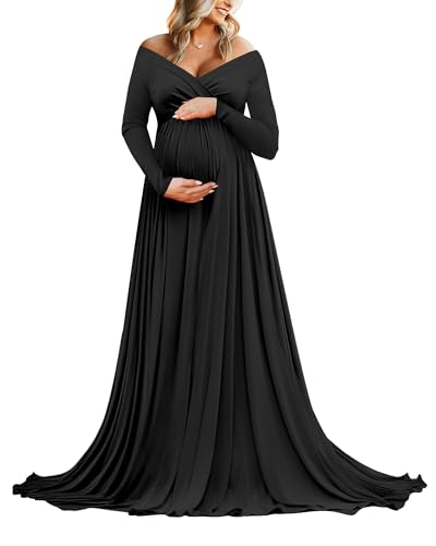 Saslax Maternity Off Shoulders Half Circle Gown for Baby Shower Photo Props Dress - color: N-black 11, size: Large