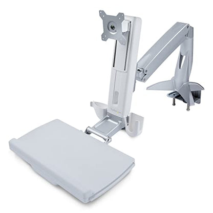 StarTech.com Sit-Stand Monitor Arm with Keyboard Tray - Adjustable Desk Mount Sit-Stand Workstation Arm for Single 27" VESA Display - Ergonomic Articulating Standing Desk Converter, TAA - color: Silver, style: Desk Mount – Spring Arm