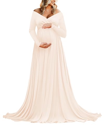 Saslax Maternity Off Shoulders Half Circle Gown for Baby Shower Photo Props Dress - color: Champagne, size: X-Large