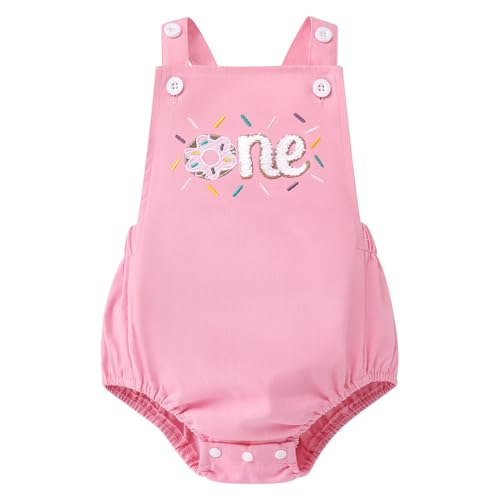 IMEKIS Baby Girls Boys Boho 1st Birthday Outfit Backless Overalls Romper for Cake Smash Photo Shoot - color: Pink Dount One, size: 9-12 Months