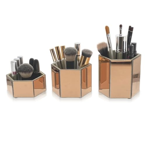 OnDisplay Tressa Set of 3 Hexagon Mirrored Trays for Makeup/Cosmetics, Brushes, Office, Jewelry and Accessories (Rose Gold)
