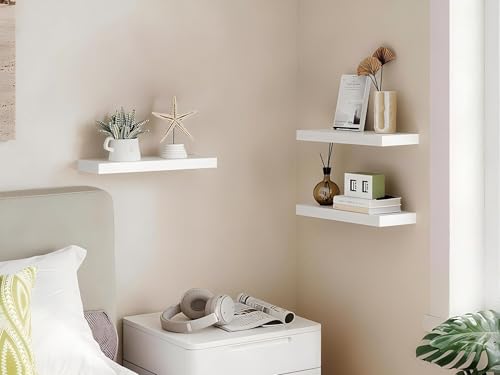 BAYKA White Floating Shelves for Wall, Set of 3, Rustic Wood Wall Shelves with Metal Brackets for Bathroom, Bedroom, Kitchen, or Living Room Decor Organization, Sturdy Storage with 22lb Capacity - color: C. White - Modern Minimalist Style, size: 15.7inche