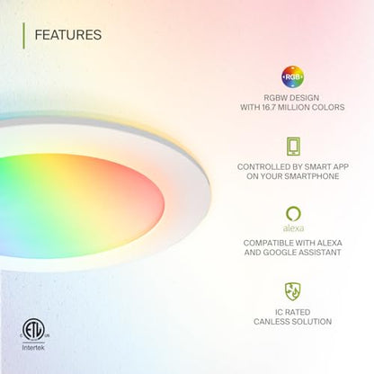 ASD 6 Pack LED Smart Recessed Lighting 6 Inch 15W, RGBW Color Changing Lights, Compatible with Alexa & Google Assistant, Dimmable 2700K-6500K Selectable RGB Lights, WiFi Bluetooth Ceiling Light, ETL - color: White, size: 6 Inch 6 Pack Rgbw