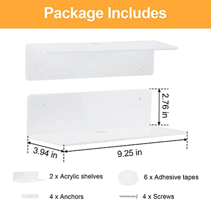 9 Inch Acrylic Floating Shelf No Drill Adhesive Wall Shelf Set of 2 for Funko Pop Storage, Floating Shelves Damage-Free Expand Wall Space for Living Room, Bathroom, Gaming Room, Office - White - color: White