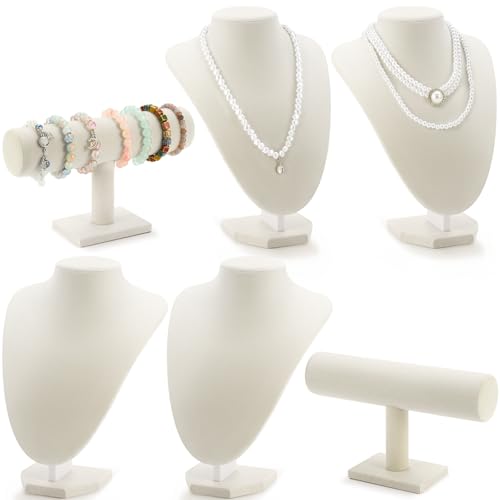 Huquary 6 Pcs Velvet Jewelry Display Set Necklace Display Stand T Bar Bracelet Holder Jewelry Bust for Home Store Trade Show(Beige) - color: Beige
