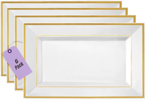 Plastic Serving Tray & Platter Set White Gold Rim Disposable Serving Trays & Platters for Food: Versatile for Appetizers and Ideal for Weddings and Hosting 8 x 13 inches - (6 Pack) - color: White Gold Rim, size: 6 Pack