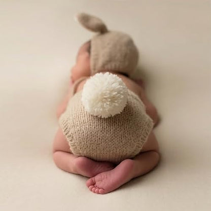 ForBaysy Newborn Photography Props Boy Girl Crochet Bunny Costume Set Baby Photo Shoot Outfits with Rabbit Ear Hat - color: Latte Bunny Set