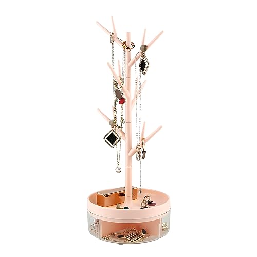 Branch Jewelry Rack With Rotatable Base and Storage Box Tree Tower Rack Hanging Organizer for Ring Earrings Necklace Bracelet,Suitable for living rooms, bathrooms,offices,etc. - color: B Pink