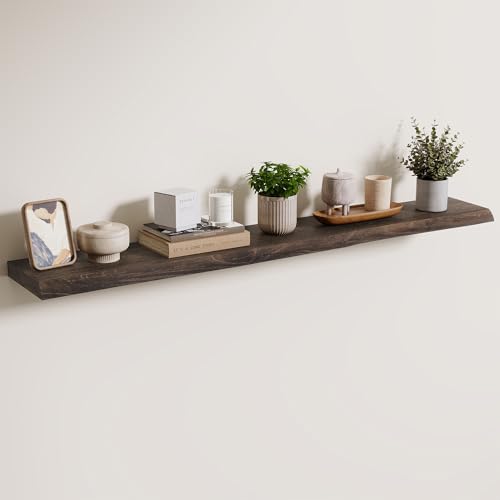 Axeman 48 inch Floating Shelves for Wall - 8'' D Live Edge Rustic Solid Elm Wood Floating Shelves Wall Mounted, Hanging Shelves with Invisible Bracket for Living Room Bedroom Kitchen, Walnut - color: Walnut With Live Edge, size: 48 inches - 1P