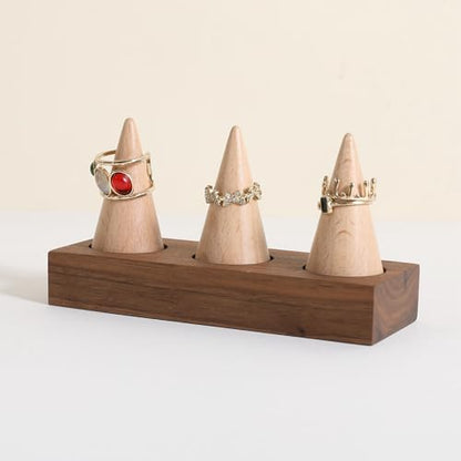 Wooden ring organizer holder for jewelry, Stable ring display stand for boutique store, walnut base with white ring cones for jewelry selling【Ring holder-Cone 3】 - style: Three Cone