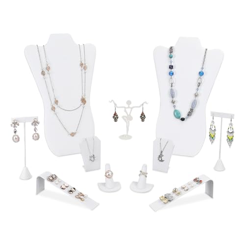 MOOCA 11 Pcs Jewelry Display Set, Necklace Display Bust, Earring Organizer, Ring Holder Stand for Showcase and Store, Premium White Faux Leather - color: Style 2, White Faux Leather,11 Pieces