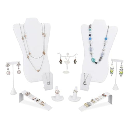 MOOCA 11 Pcs Jewelry Display Set, Necklace Display Bust, Earring Organizer, Ring Holder Stand for Showcase and Store, Premium White Faux Leather - color: Style 2, White Faux Leather,11 Pieces