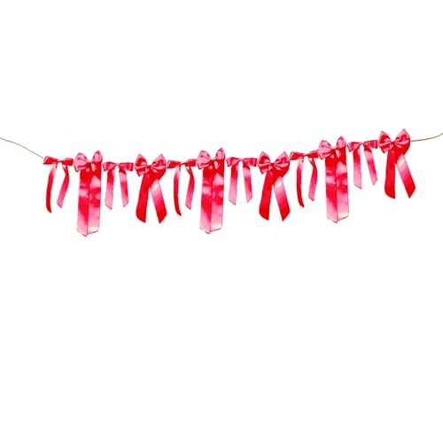 Meseey Red Satin Bow Garland Banner Coquette Bachelorette Party Decor,Bridal Shower Backdrop,Wedding & Engagement Party Supplies,Birthday Decoration,Photo Booth Props(Red) - color: Red