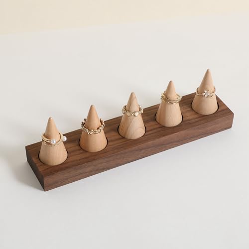 Wooden ring organizer holder for jewelry, Stable ring display stand for boutique store, walnut base with white ring cones for jewelry selling【Ring holder-Cone 5】 - style: Five Cone