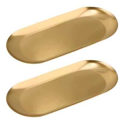 Vaincre Gold Decorative Jewelry Tray - 2PCS Stainless Steel Oval Trinket Ring Holder Dish, 7” Small Bathroom Vanity Kitchen Jewelry Plate Tray Decor for Storing Perfumes, Cosmetics, Candles, Key