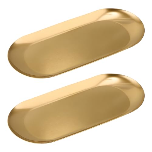 Vaincre Gold Decorative Jewelry Tray - 2PCS Stainless Steel Oval Trinket Ring Holder Dish, 7” Small Bathroom Vanity Kitchen Jewelry Plate Tray Decor for Storing Perfumes, Cosmetics, Candles, Key