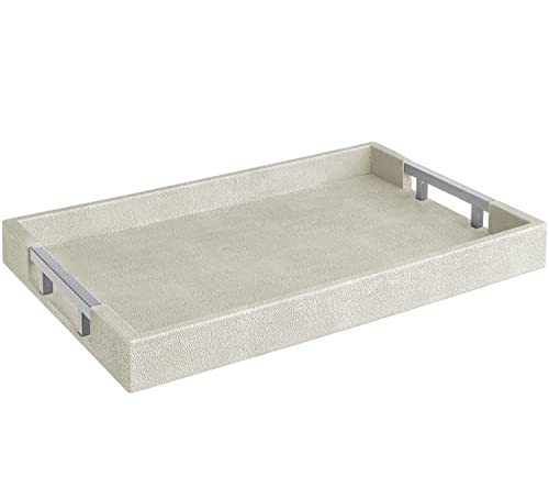Modern Elegant 17.5"x12" Rectangle Natural Ivory Beige Faux Leather Shagreen Decorative Tray Ottoman Coffee Table Perfume Vanity Kitchen Serving Tray with Silver Metal Handles by Home Redefined. - color: Natural/Silver