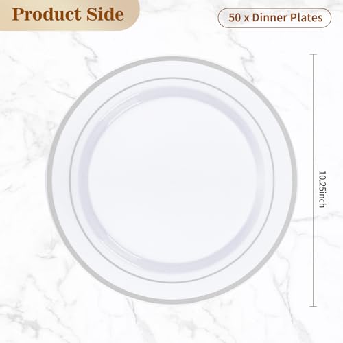 BESTVIP 50PCS Silver Plastic Plates, 10.25 Inch Disposable Dinner Plate Party with Silver Rim, Heavy Duty Disposable Plastic Plates for Christmas, Thanksgiving, Party, Wedding and Birthday - color: Silver, size: 50PC
