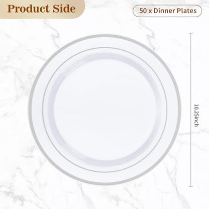BESTVIP 50PCS Silver Plastic Plates, 10.25 Inch Disposable Dinner Plate Party with Silver Rim, Heavy Duty Disposable Plastic Plates for Christmas, Thanksgiving, Party, Wedding and Birthday - color: Silver, size: 50PC