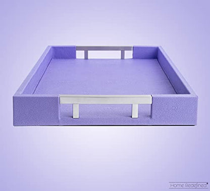 Modern Elegant 17.5"x12" Rectangle Purple Lavender Shagreen Faux Leather Decorative Tray Ottoman Coffee Table Perfume Living Room Kitchen Serving Tray with Silver Metal Handles by Home Redefined - color: Lavender/Silver