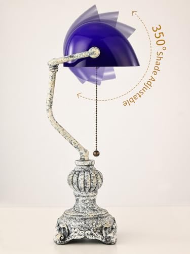 Retro Blue Glass Bankers Desk Lamp for Home Office,Library with Pull Chain Switch Plug in Fixture, LED Bulb Included - color: Antique +Blue