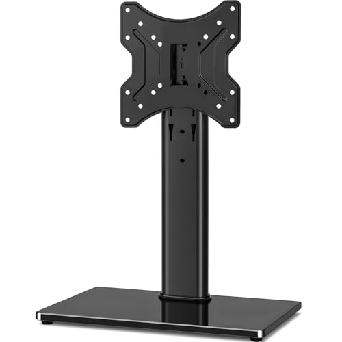 Rfiver Universal Swivel Tabletop TV Stand for Flat Screens 23 24 26 32 39 40 42 43 Inch, Heavy Duty Center Pedestal Stand Replacement with Black Tempered Glass Base and Height Adjustable Mount - size: 19-43 inch