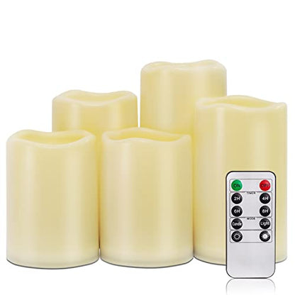 Homemory Waterproof Flameless Candles, Outdoor Indoor Battery Operated LED Pillar Candles with Remote Control and Timer, Plastic, Long Lasting, D3 x H4 4" 5" 5" 6", Set of 5 - size: Set of 5