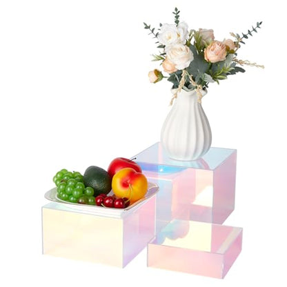 3Pcs Iridescent Risers Display Stands, Stackable Acrylic Cubes Display Box, Nesting Rainbow Showcase for Collectibles Figures Jewelry Perfume Handbag Dessert Party, Neon Food Buffet Riser - color: Iridescent-3pcs