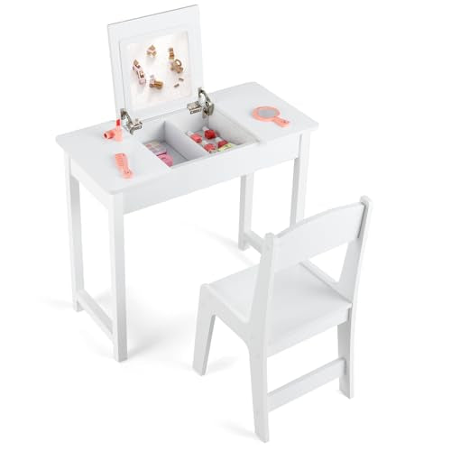 Costzon Kids Vanity, 2 in 1 Girls Vanity Set with Flip Top Mirror, Hidden Storage Space, Wooden Toddler Makeup Vanity Desk Dressing Table, Kids Vanity Table and Chair Set (White) - style: White with Flip Top Mirror
