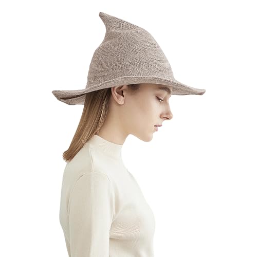 Halloween Witch Hat for Women Wide Brim Foldable Wizard Hat Wool Knit Pointed Cap Cosplay Costume Accessory - color: Khaki